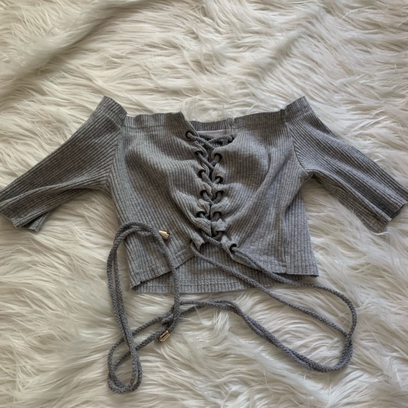 Gray Lace Up Crop Top - Picture 2 of 4